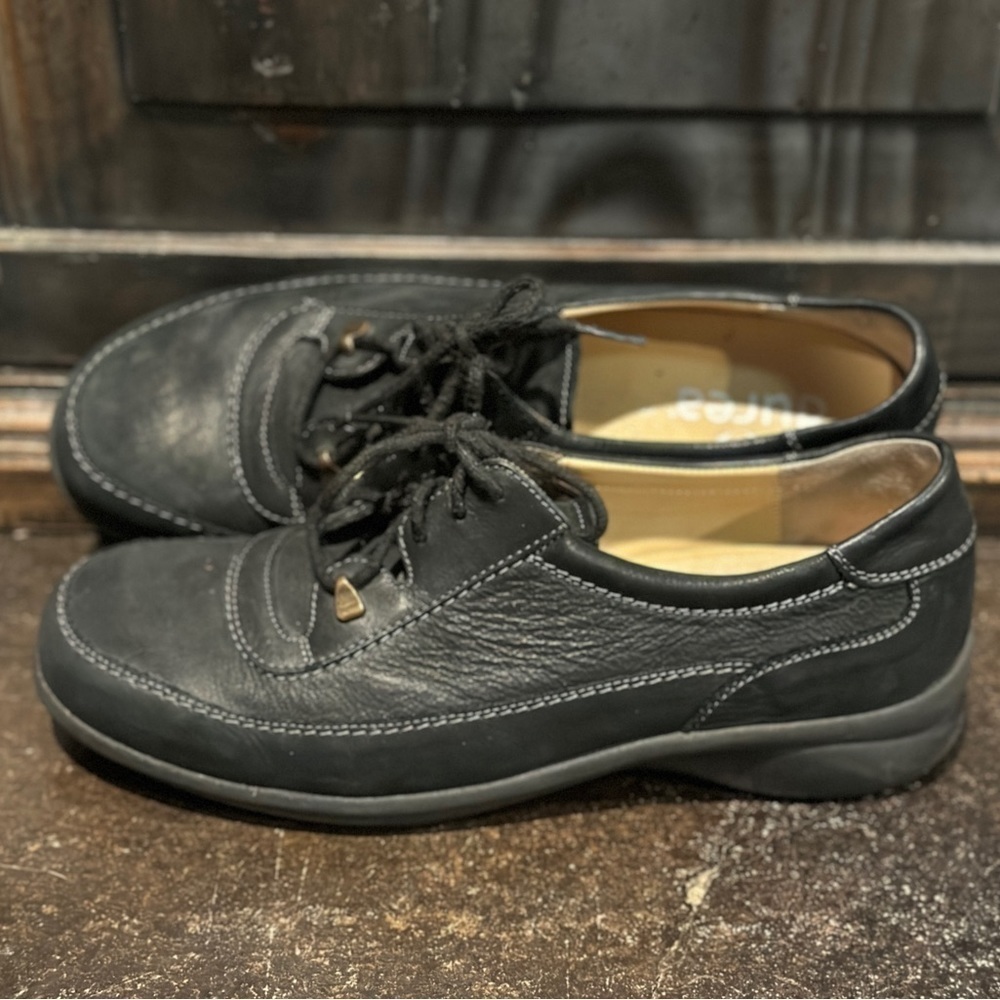 Durea Comfort Black Leather Lace Up Oxford Shoes Minimalist, Sz 6, GUC‎